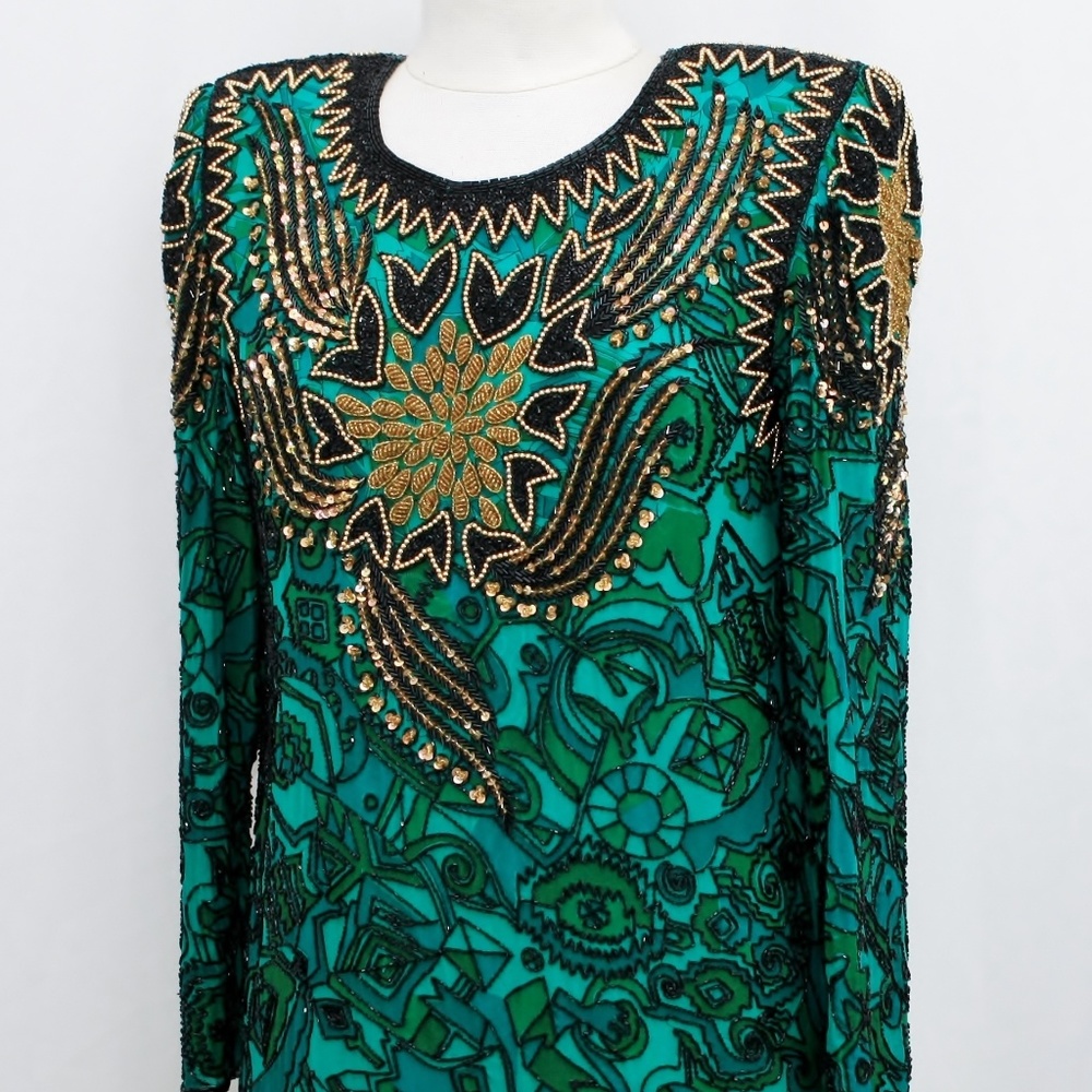 Jasdee Vintage TunicBlouse HandWork Bead&Sequins & Hand Print On Silk Style 6124